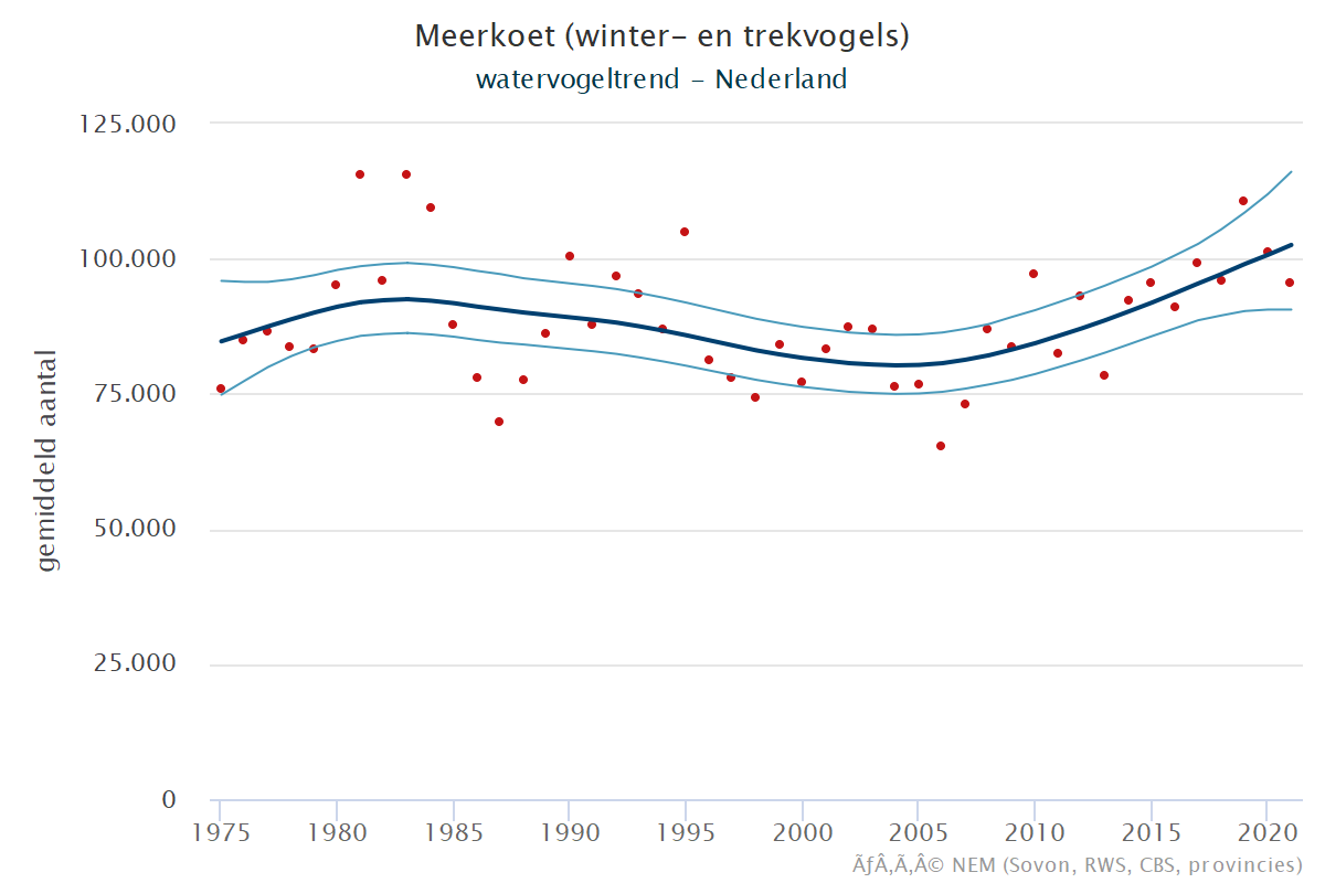 Resultaten voor de Meerkoet (Fulica atra) voor de deelgebieden Krammer-Volkerak (A), Zoommeer (B) en Nederland (C) 